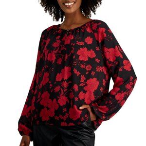 Tinsel Petite XS Black & Red Floral Front-Keyhole Blouson-Sleeve Blouse/Top NWT